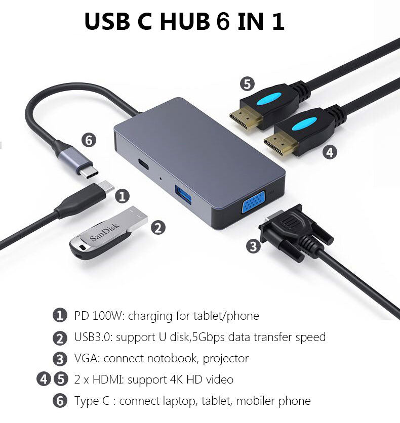 6-in-1 USB C Hub Adapter with 4K 60Hz Resolution HD Video, VGA, PD Port, USB 3.0, 3.5mm Audio Jack