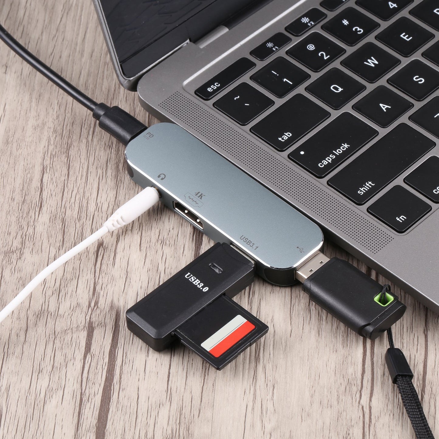 5 in 1 Adapter Hub Type-C Male to PD Type-C+3.5mm AUX+4K HDMI+USB3.1+USB Female Mini Converter