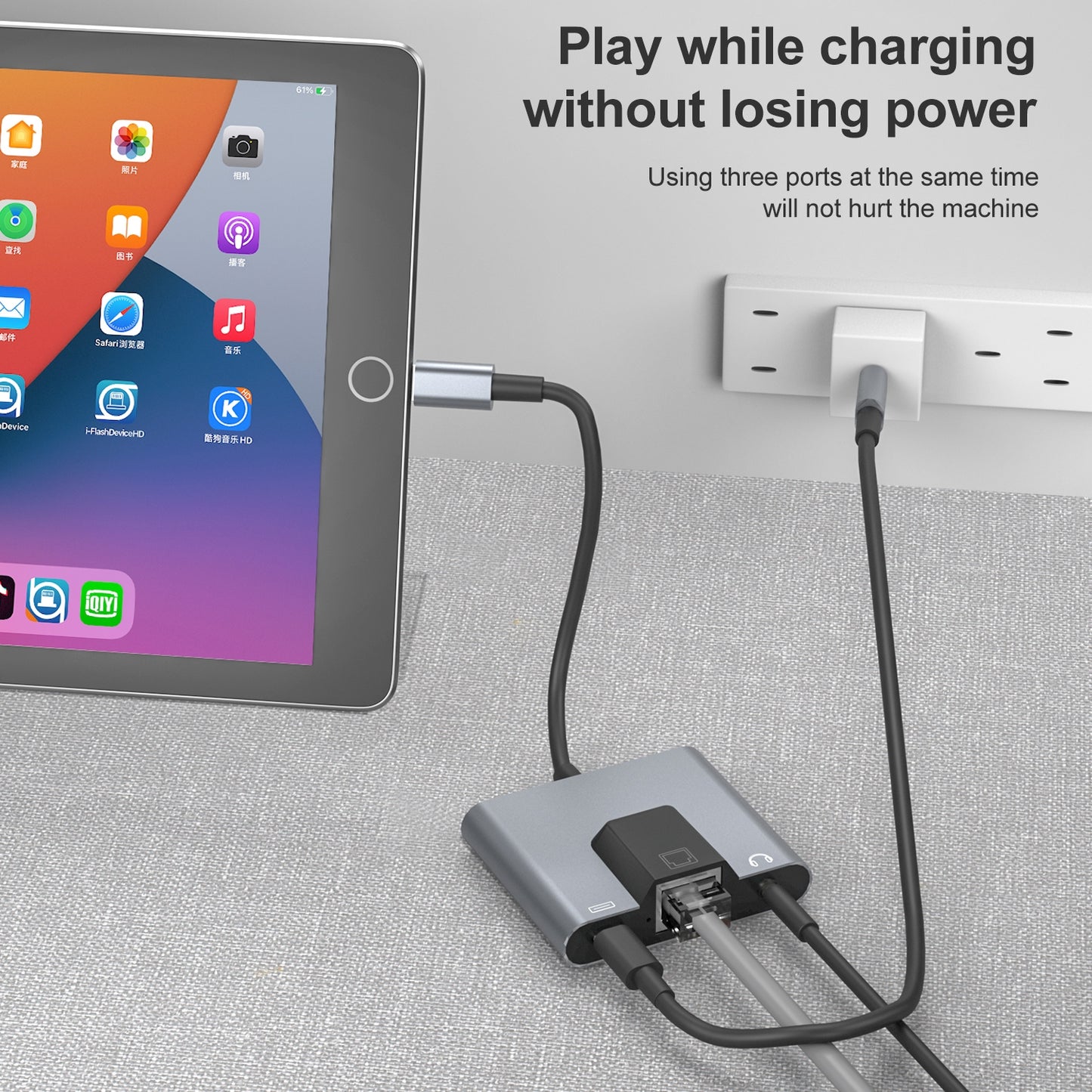 NK-1056 3 in 1 Converter 8 Pin Male to 8 Pin Charging + RJ45 Ethernet + 3.5mm Headphone Female Adapter