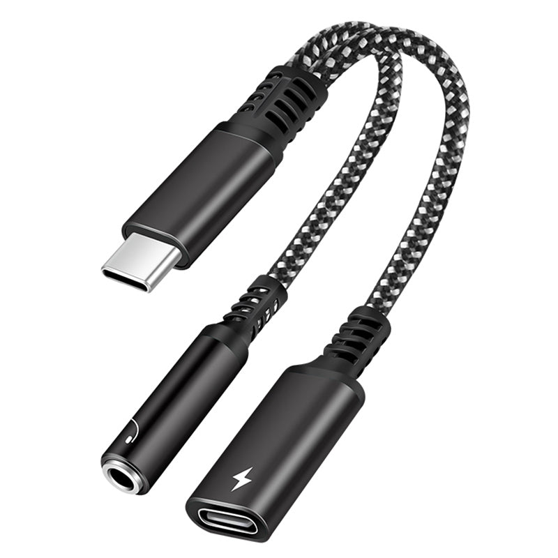 2-in-1 Type-C Male to PD 60W Type-C Charging + 3.5mm Audio Female Headphone Adapter Splitter - Black