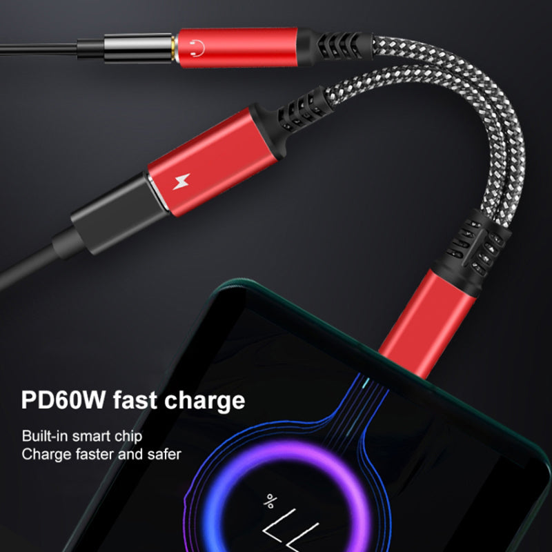 2-in-1 Type-C Male to PD 60W Type-C Charging + 3.5mm Audio Female Headphone Adapter Splitter - Black