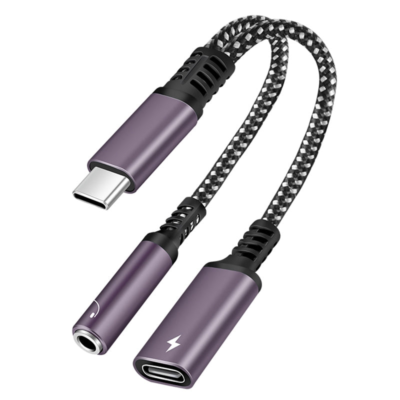 2-in-1 Type-C Male to PD 60W Type-C Charging + 3.5mm Audio Female Headphone Adapter Splitter - Purple