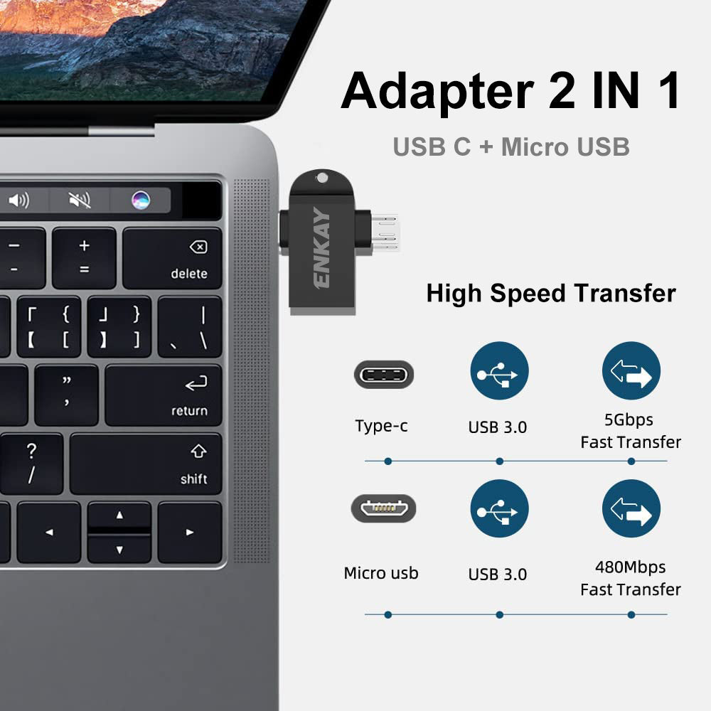ENK-AT112 Type C+Micro USB 2 in 1 OTG Adapter High Speed USB 3.0 Converter for Computer Extension Header - Black