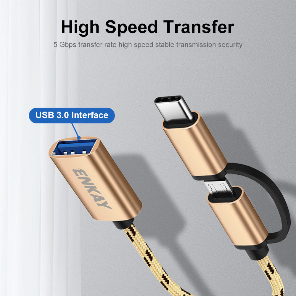 ENK-AT113 2 in 1 USB 3.0 OTG Adapter Cable USB Type C Micro USB to USB 3.0 Converter Cable Data Line - Gold