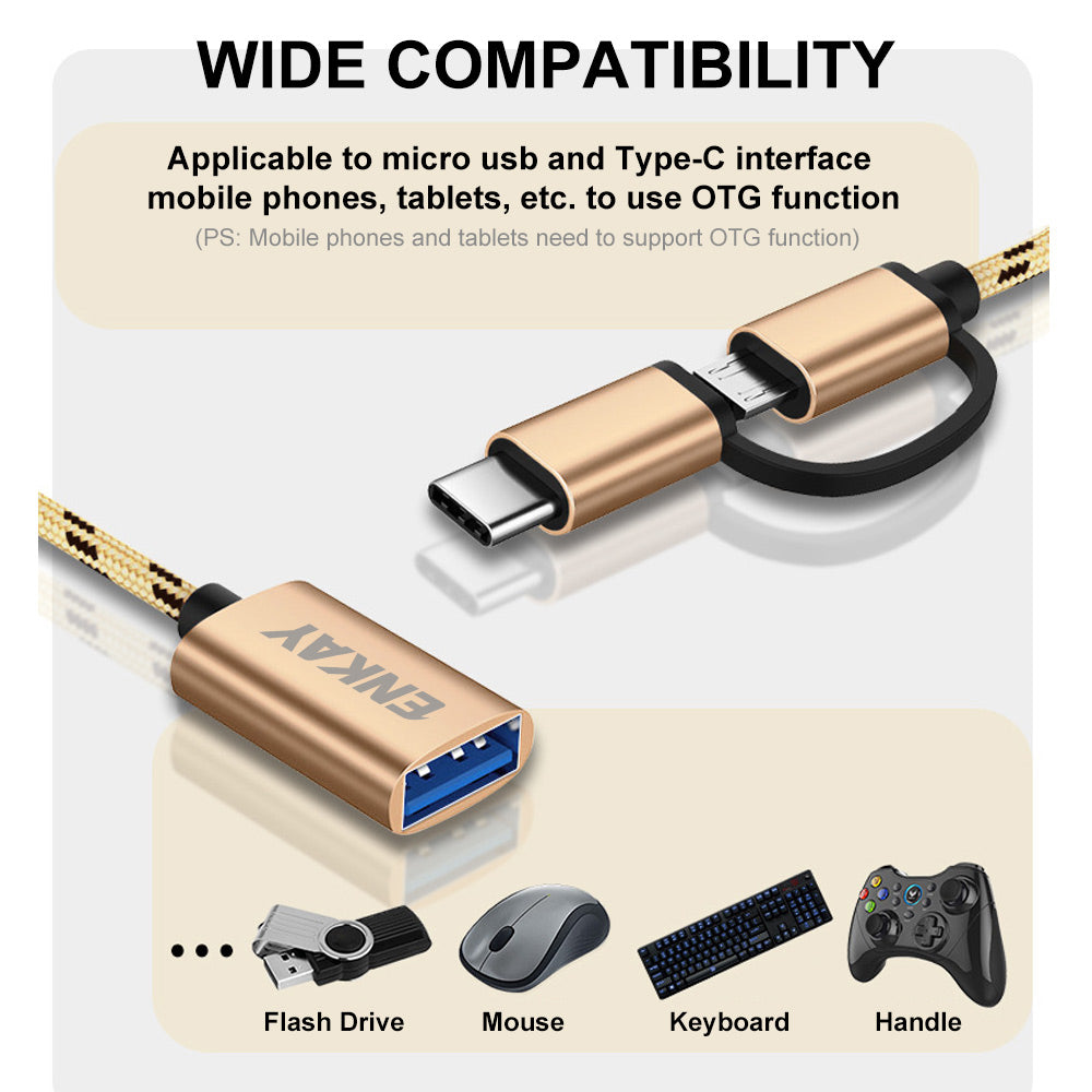 ENK-AT113 2 in 1 USB 3.0 OTG Adapter Cable USB Type C Micro USB to USB 3.0 Converter Cable Data Line - Black