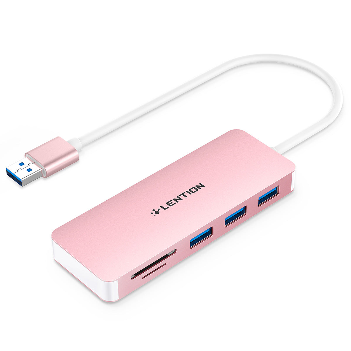 Uniqkart H15 USB-A Hub 3xUSB-A 3.0 Ports+2 Memory Card Reader Slots Aluminum Alloy Converter - Rose Gold