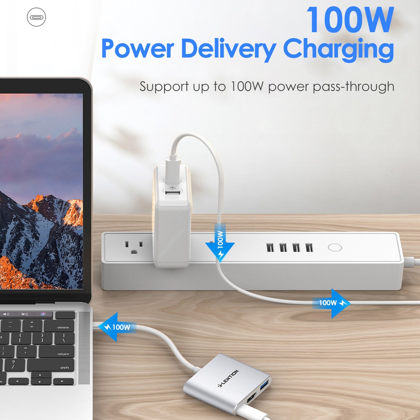 LENTION C14H USB-C to USB-A 3.0 + HD + PD Adapter Aluminum Alloy HD 4K Video Converter - Silver