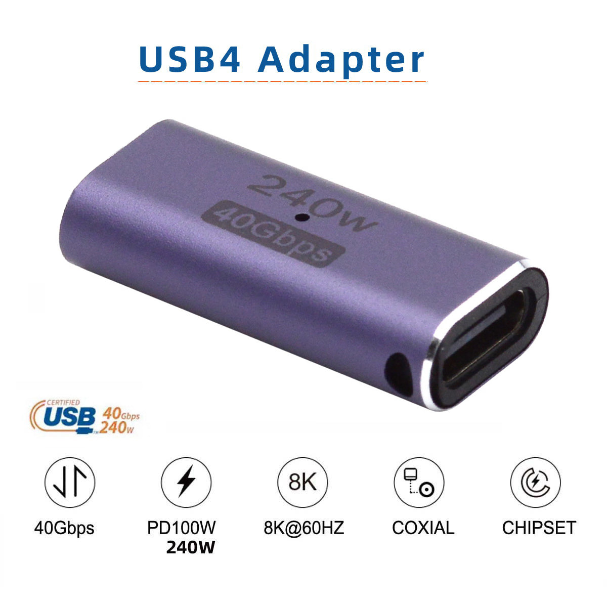 240W 40Gbps Type-C Female to Female Straight Mini Adapter Converter Support 8K Audio Transmission