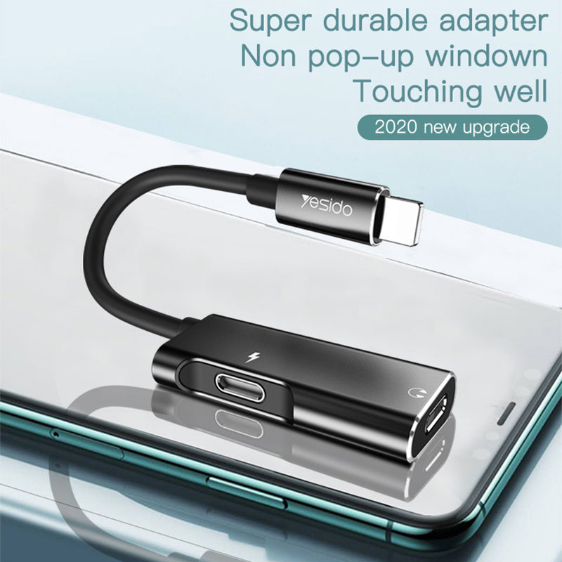 YESIDO YAU 11 Lightning to Lightning Female + 3.5mm Audio Adapter Cable 2 in 1 Charging Music Lightning Converter
