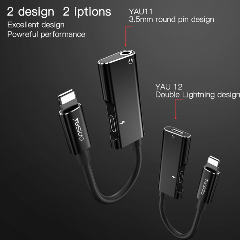 YESIDO YAU 11 Lightning to Lightning Female + 3.5mm Audio Adapter Cable 2 in 1 Charging Music Lightning Converter