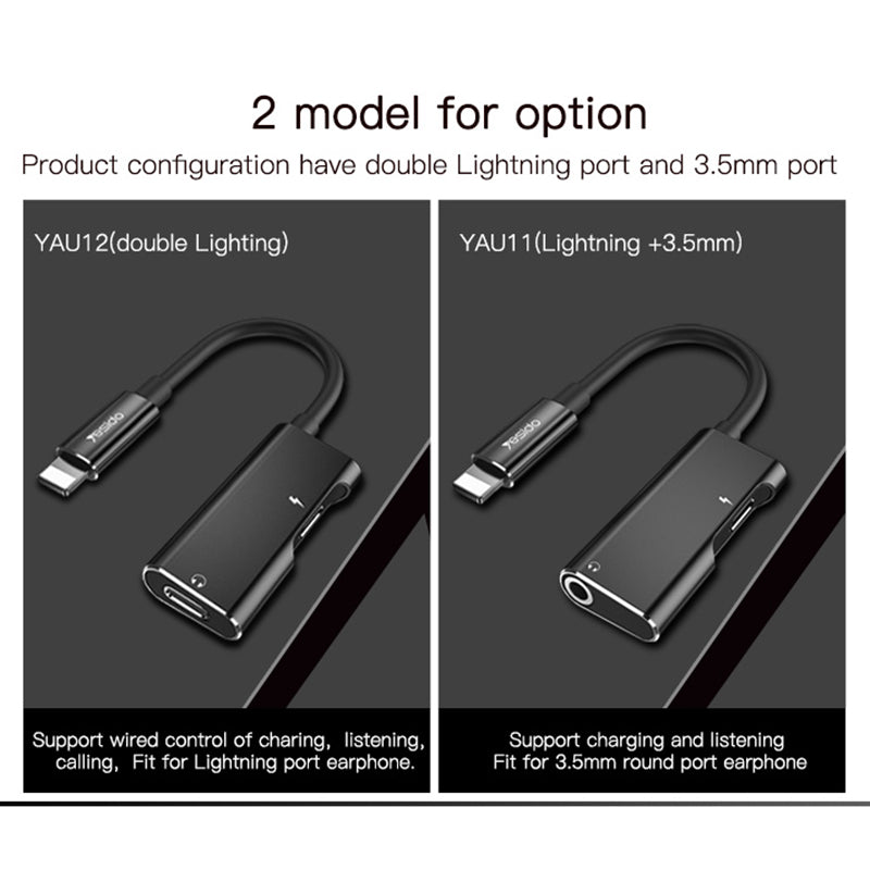YESIDO YAU 11 Lightning to Lightning Female + 3.5mm Audio Adapter Cable 2 in 1 Charging Music Lightning Converter