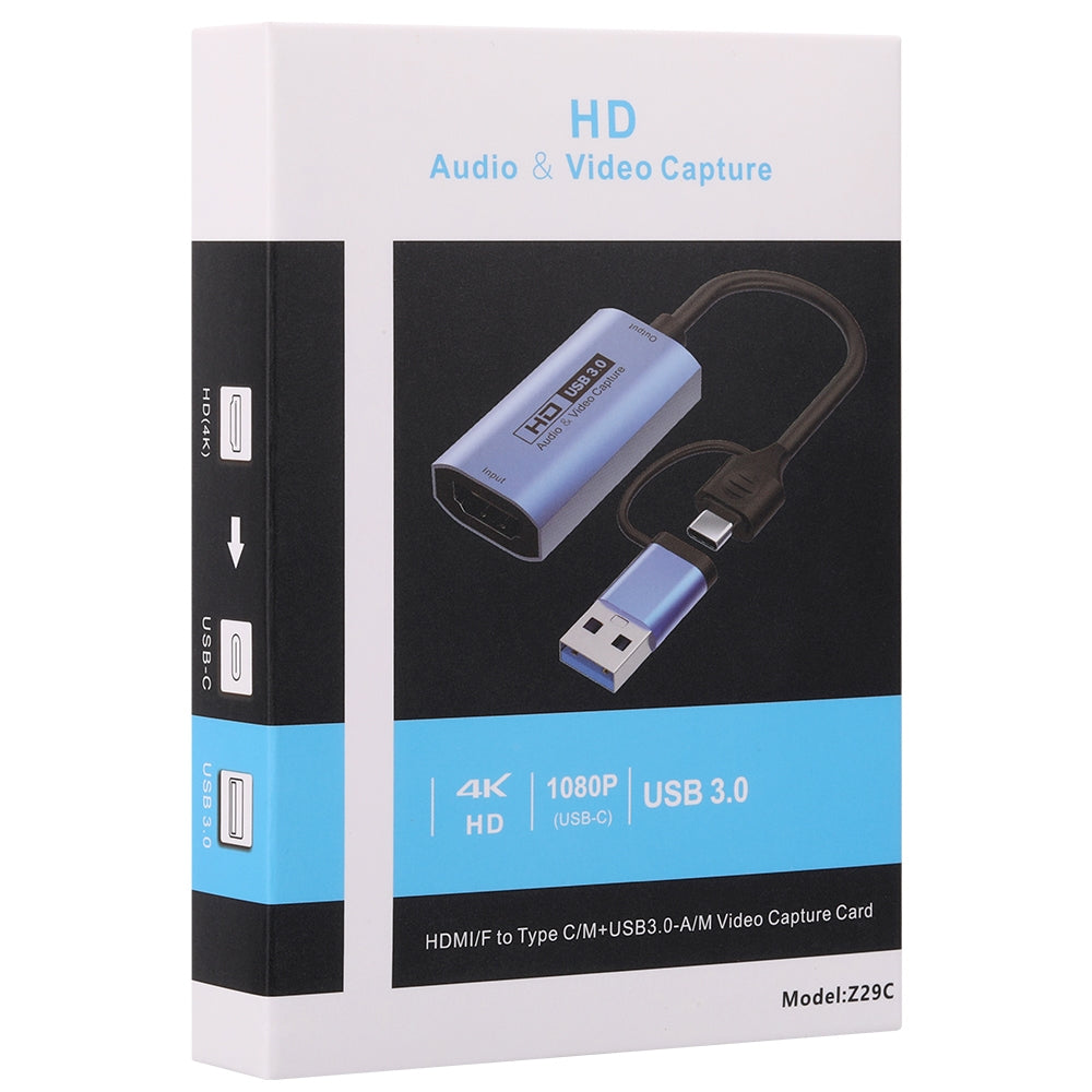 Z29C HDMI Female to USB 3.0 + Type-C Male Adapter Aluminum Alloy 2-in-1 HD Video Capture Card Dongle