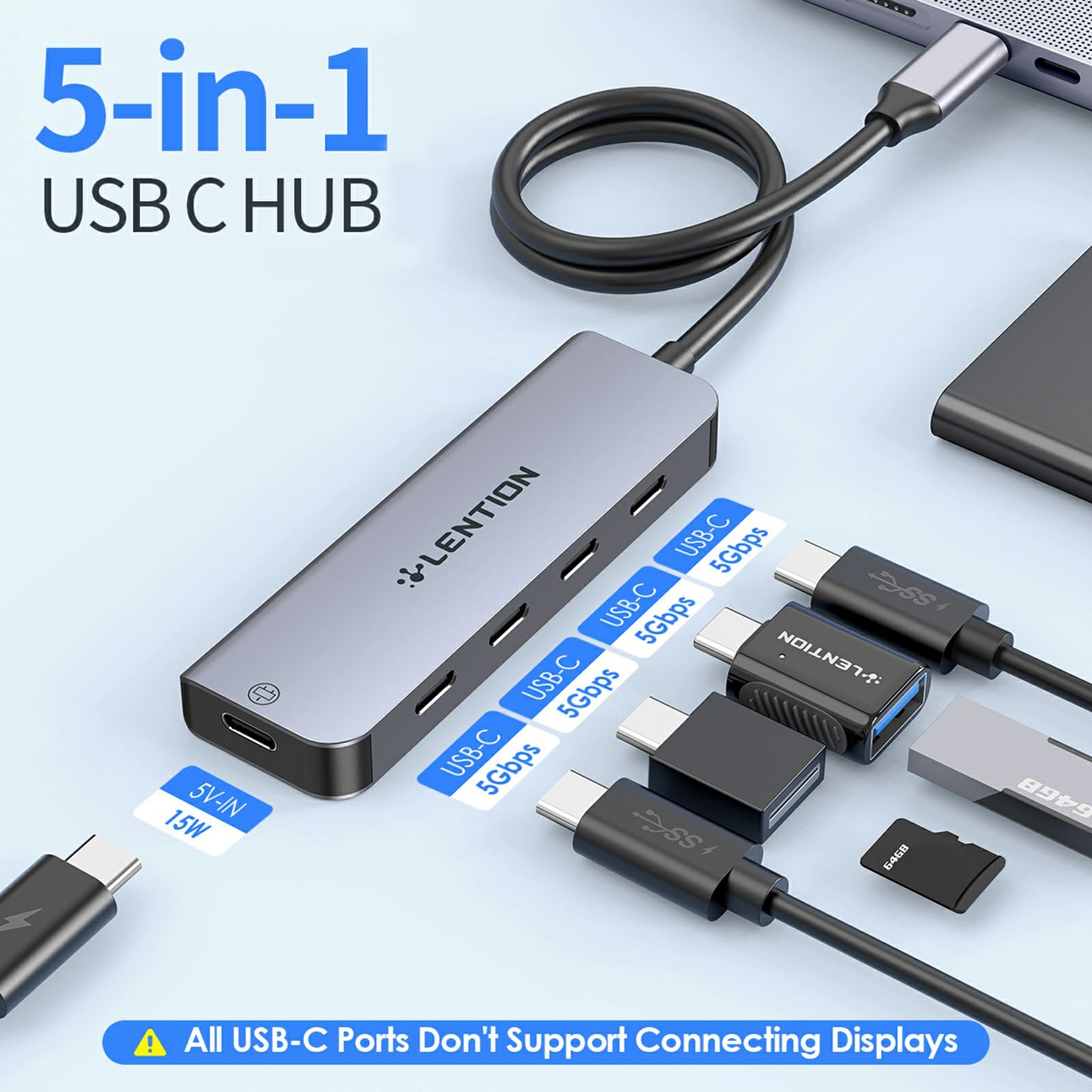 Uniqkart CE31-0.6M Cloud Ala Series 5-in-1 Mini USB-C Docking Station Type-C to 4 USB-C + 5V USB-C Hub Adapter - Grey