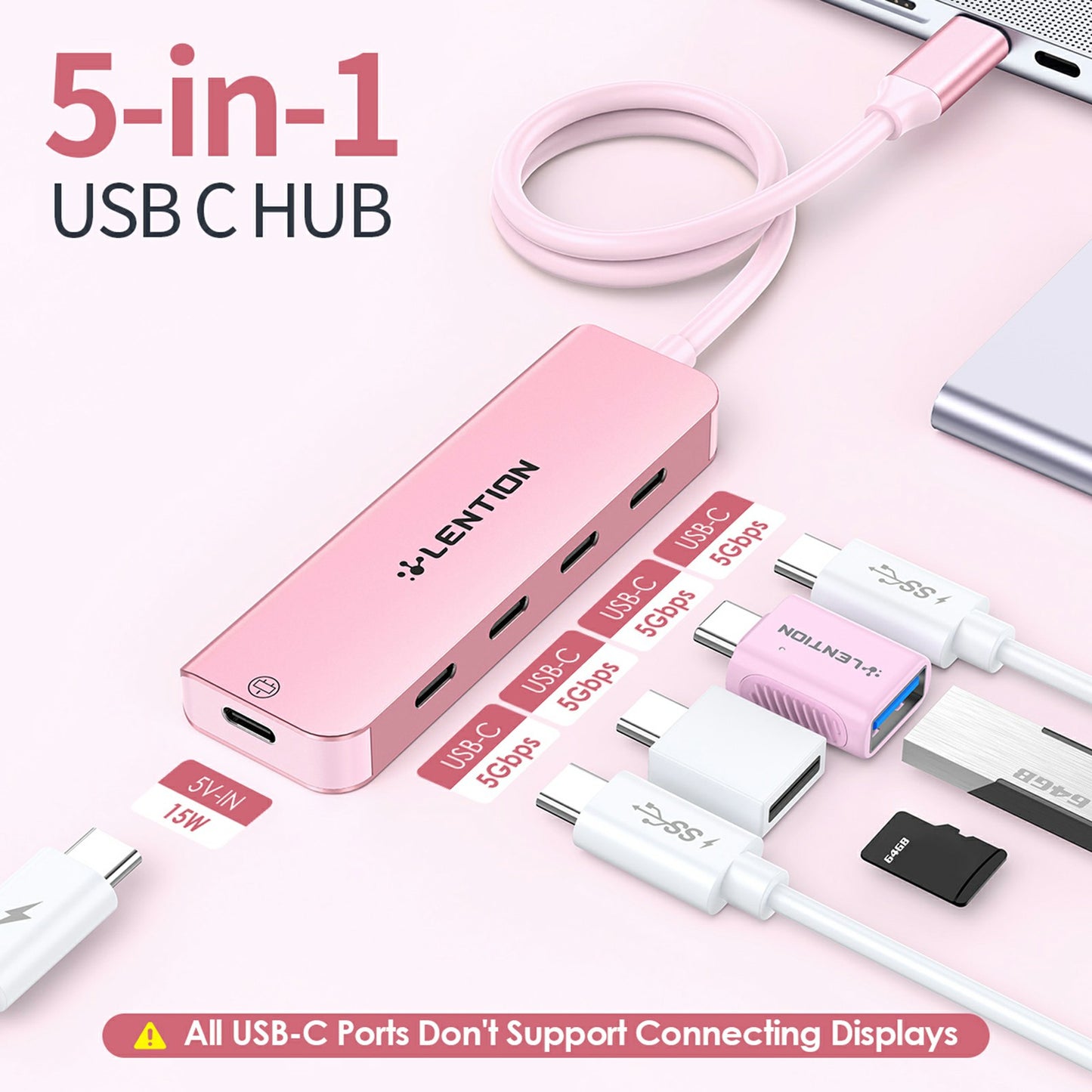 Uniqkart CE31-0.6M Cloud Ala Series 5-in-1 Mini USB-C Docking Station Type-C to 4 USB-C + 5V USB-C Hub Adapter - Rose Gold