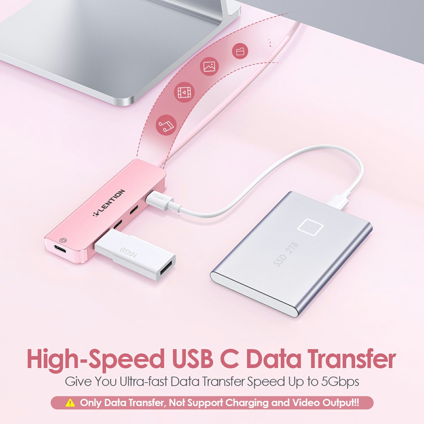 Uniqkart CE31-0.6M Cloud Ala Series 5-in-1 Mini USB-C Docking Station Type-C to 4 USB-C + 5V USB-C Hub Adapter - Rose Gold