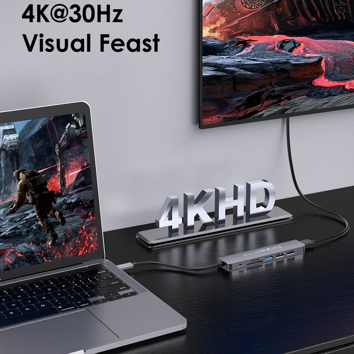 Uniqkart CE18HCR Cloud Ala Series Portable USB Hub Adapter Type-C Docking Station with USB+HD 4K / 30Hz+SD / TF+PD 100W - Grey