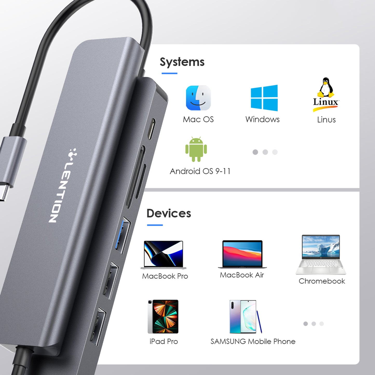 Uniqkart CE18HCR Cloud Ala Series Portable USB Hub Adapter Type-C Docking Station with USB+HD 4K / 30Hz+SD / TF+PD 100W - Grey