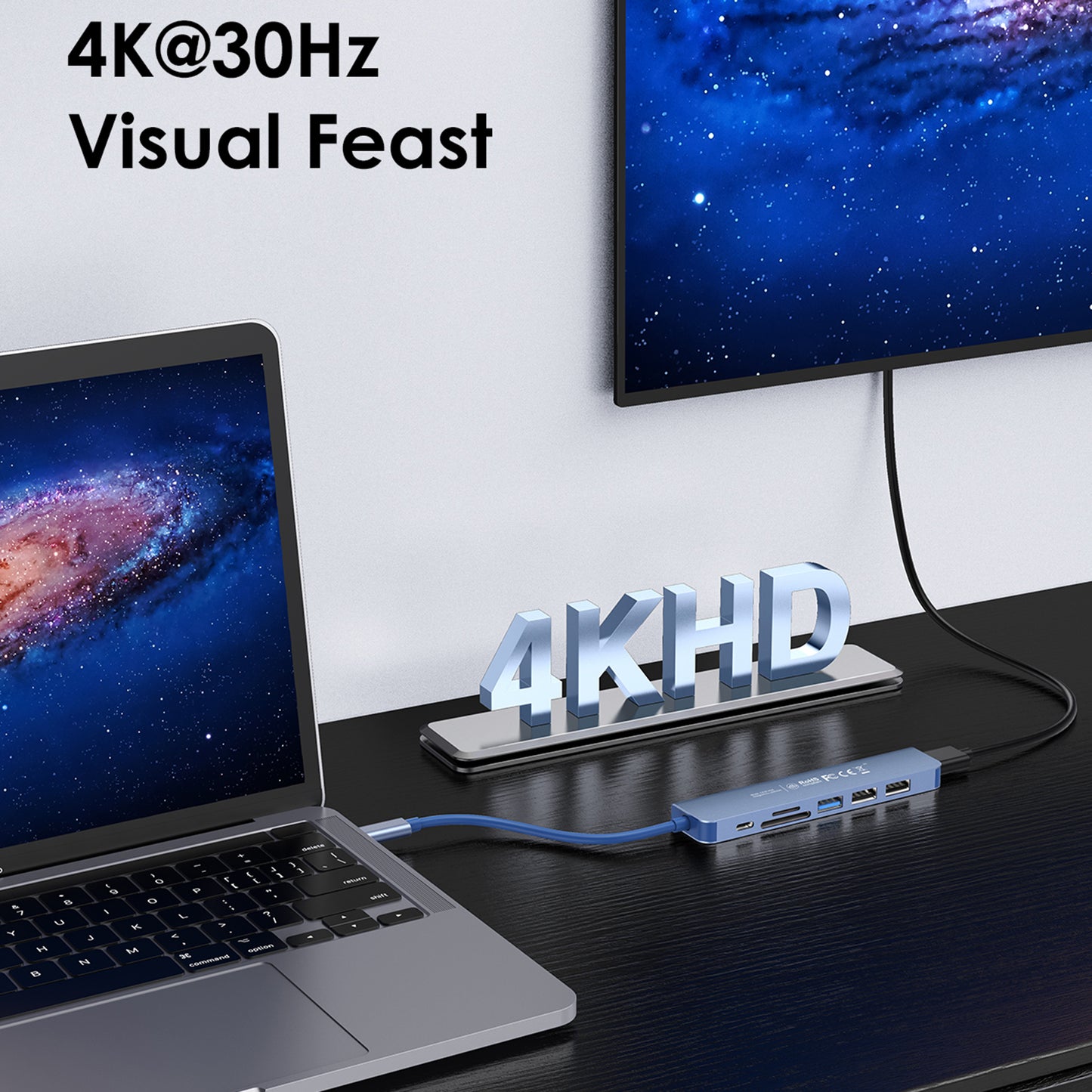 Uniqkart CE18HCR Cloud Ala Series Portable USB Hub Adapter Type-C Docking Station with USB+HD 4K / 30Hz+SD / TF+PD 100W - Blue