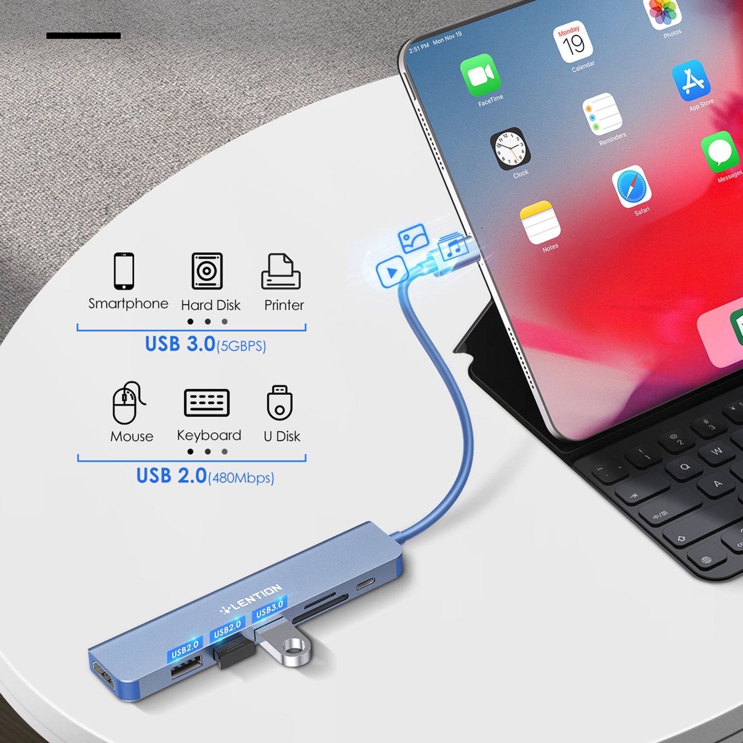 Uniqkart CE18HCR Cloud Ala Series Portable USB Hub Adapter Type-C Docking Station with USB+HD 4K / 30Hz+SD / TF+PD 100W - Blue