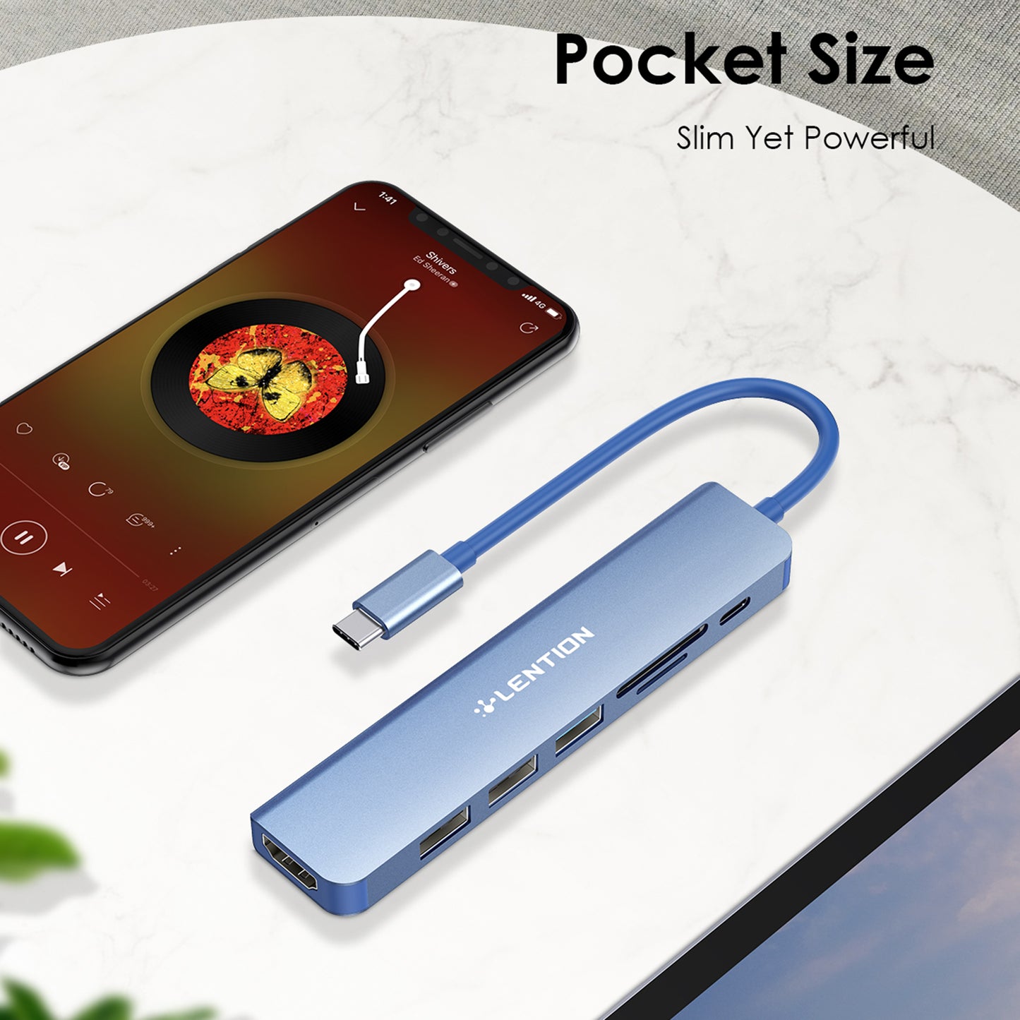 Uniqkart CE18HCR Cloud Ala Series Portable USB Hub Adapter Type-C Docking Station with USB+HD 4K / 30Hz+SD / TF+PD 100W - Blue