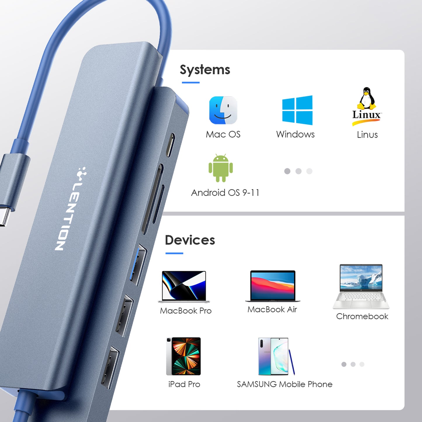 Uniqkart CE18HCR Cloud Ala Series Portable USB Hub Adapter Type-C Docking Station with USB+HD 4K / 30Hz+SD / TF+PD 100W - Blue