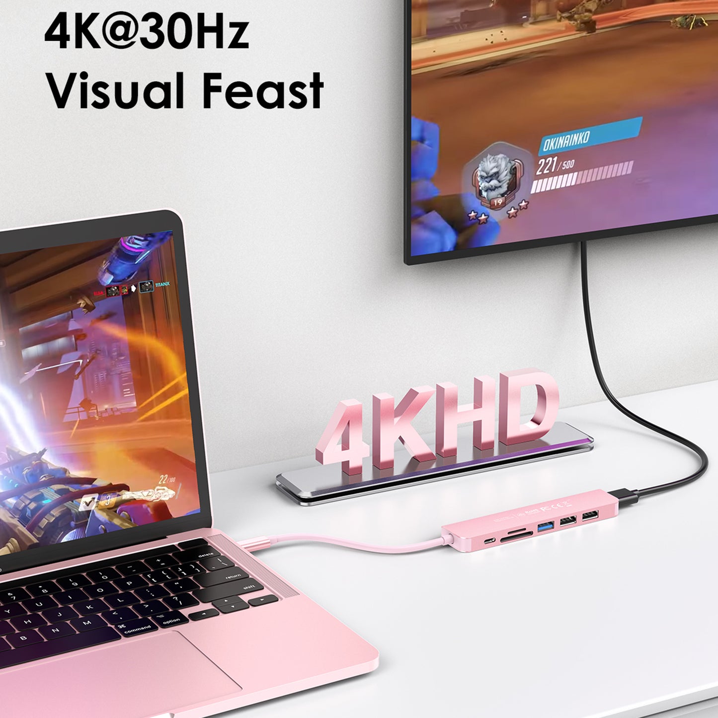 Uniqkart CE18HCR Cloud Ala Series Portable USB Hub Adapter Type-C Docking Station with USB+HD 4K / 30Hz+SD / TF+PD 100W - Rose Gold