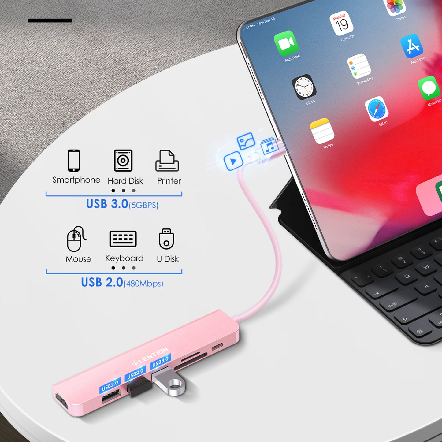 Uniqkart CE18HCR Cloud Ala Series Portable USB Hub Adapter Type-C Docking Station with USB+HD 4K / 30Hz+SD / TF+PD 100W - Rose Gold