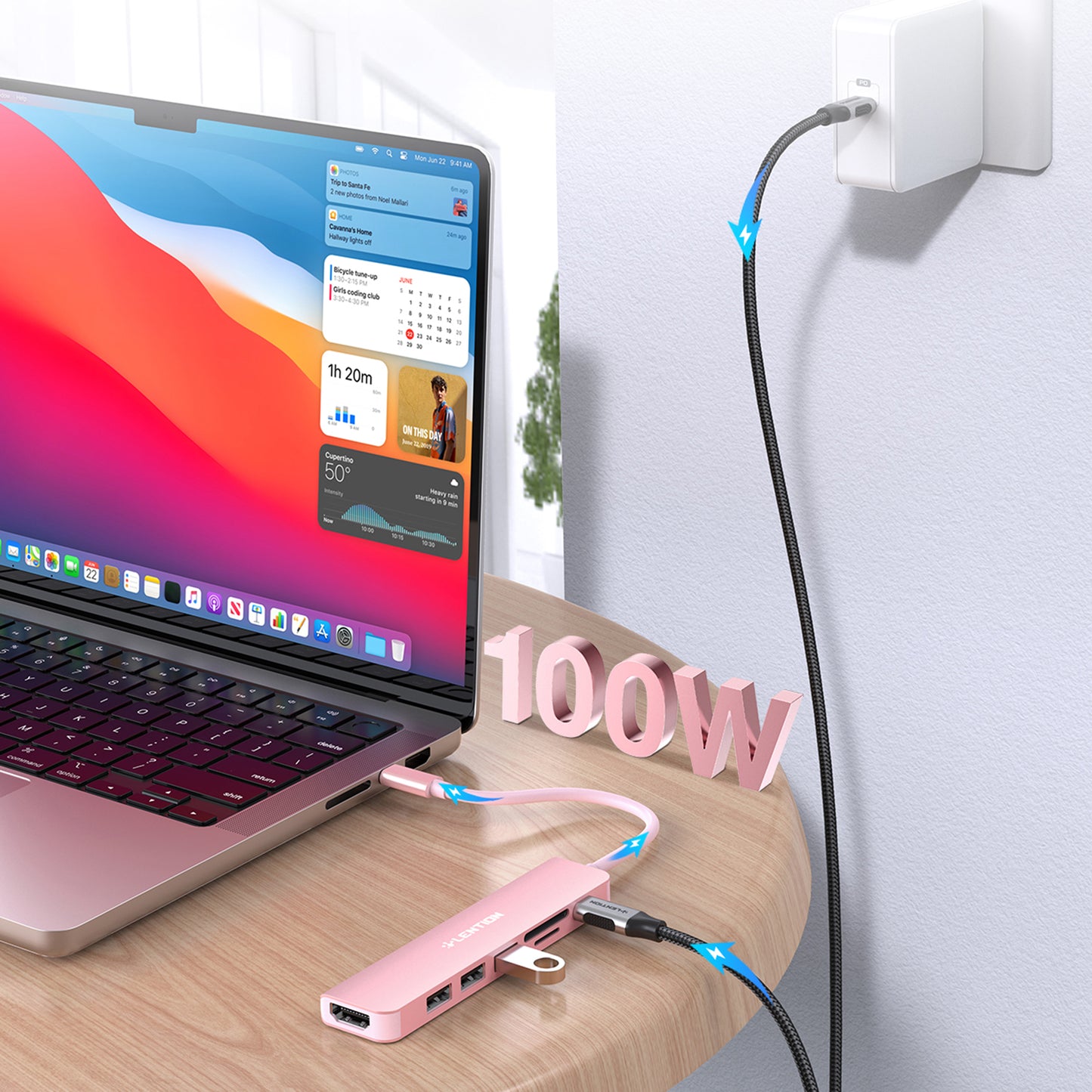 Uniqkart CE18HCR Cloud Ala Series Portable USB Hub Adapter Type-C Docking Station with USB+HD 4K / 30Hz+SD / TF+PD 100W - Rose Gold