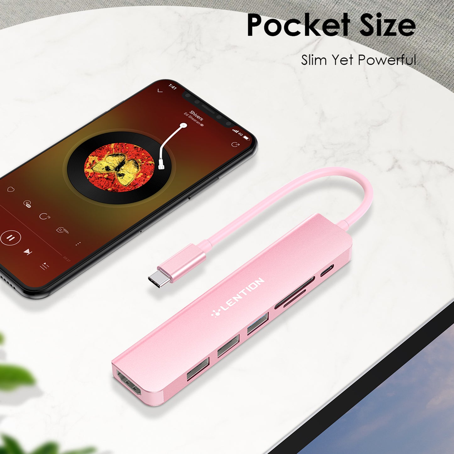 Uniqkart CE18HCR Cloud Ala Series Portable USB Hub Adapter Type-C Docking Station with USB+HD 4K / 30Hz+SD / TF+PD 100W - Rose Gold