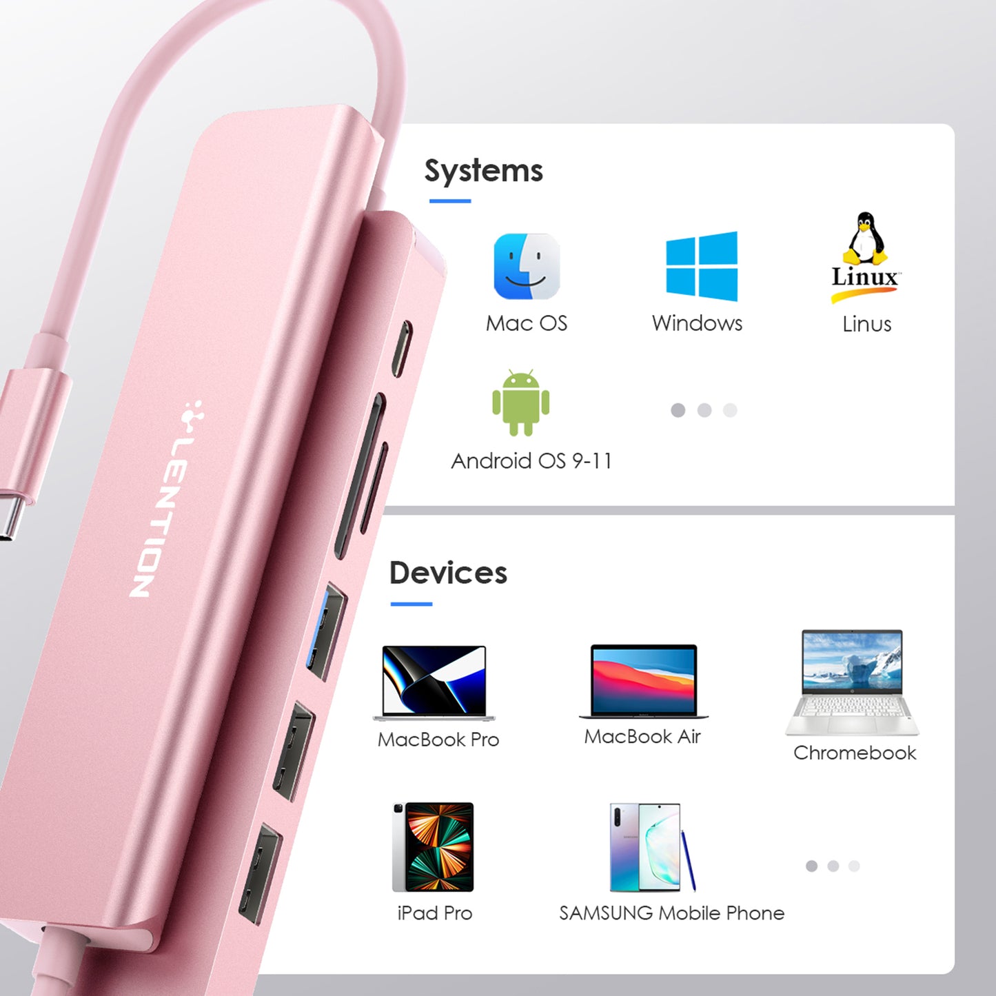 Uniqkart CE18HCR Cloud Ala Series Portable USB Hub Adapter Type-C Docking Station with USB+HD 4K / 30Hz+SD / TF+PD 100W - Rose Gold