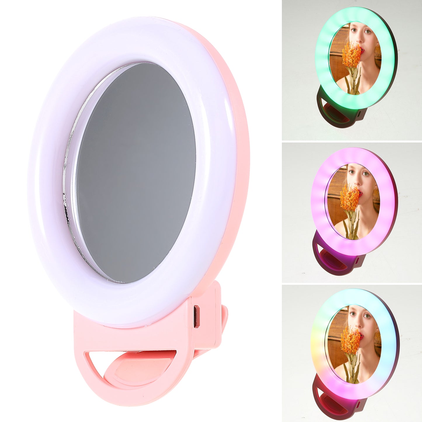 AL-20 Clip-on RGB LED Fill Ring Light with Mirror for Selfie Makeup Live Broadcast - Pink