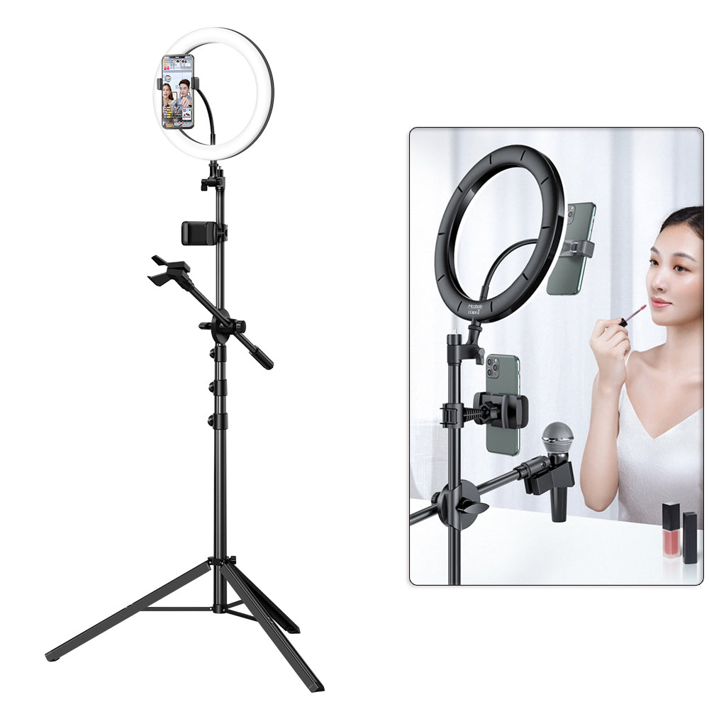 MCDODO TB-7980 Extendable Phone Tripod Stand Selfie Ring Light with Microphone Holder for Live Video - Black