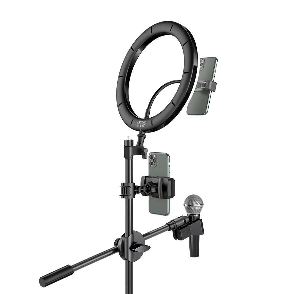 MCDODO TB-7980 Extendable Phone Tripod Stand Selfie Ring Light with Microphone Holder for Live Video - Black