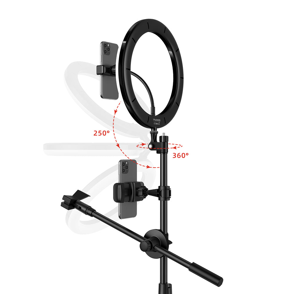 MCDODO TB-7980 Extendable Phone Tripod Stand Selfie Ring Light with Microphone Holder for Live Video - Black