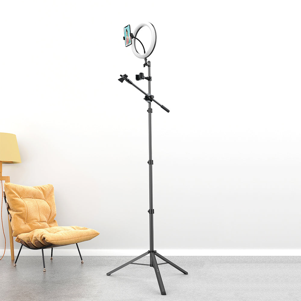 MCDODO TB-7980 Extendable Phone Tripod Stand Selfie Ring Light with Microphone Holder for Live Video - Black