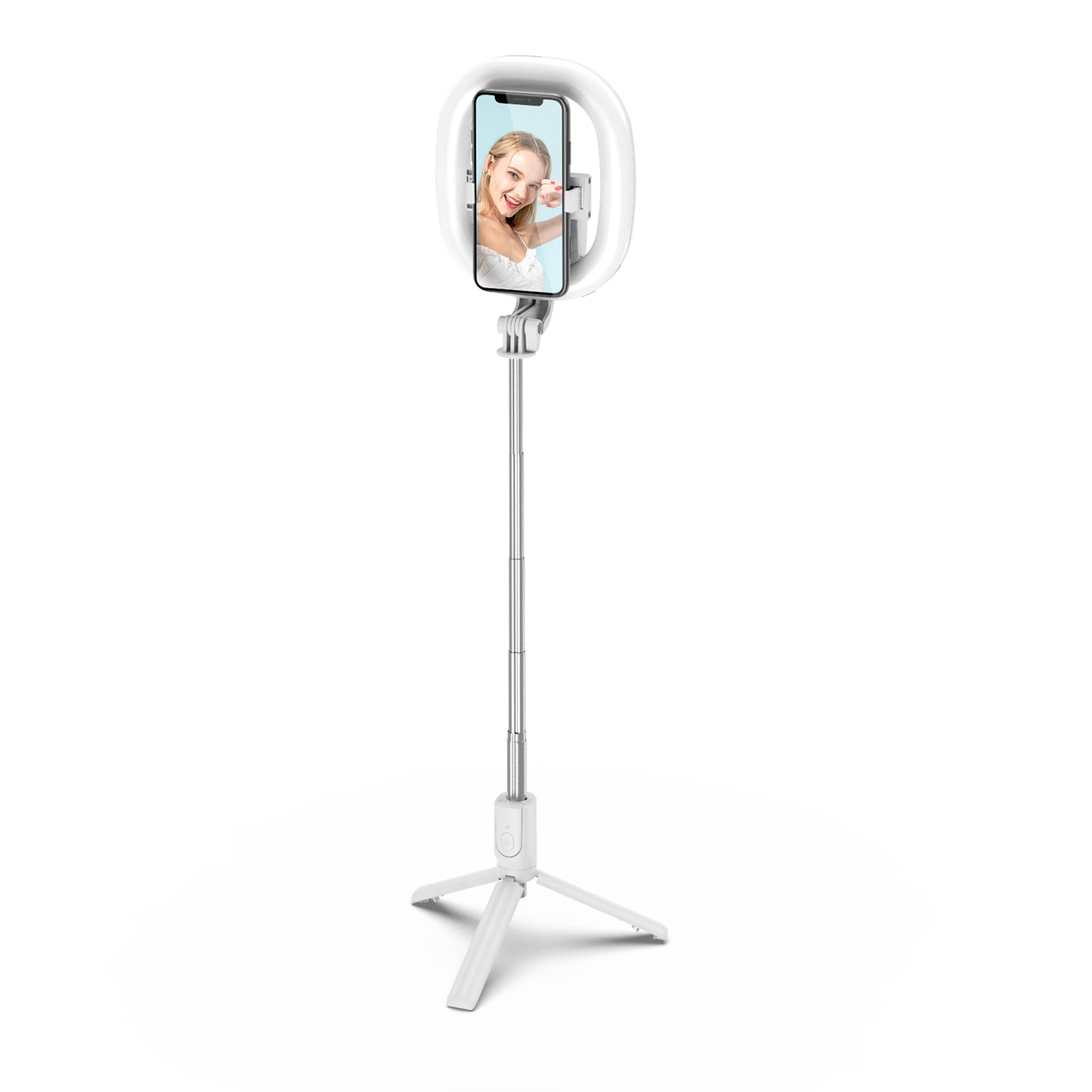 R10 Bluetooth Selfie Stick with Light Portable Adjustable Phone Tripod Stand for Live Streaming - White