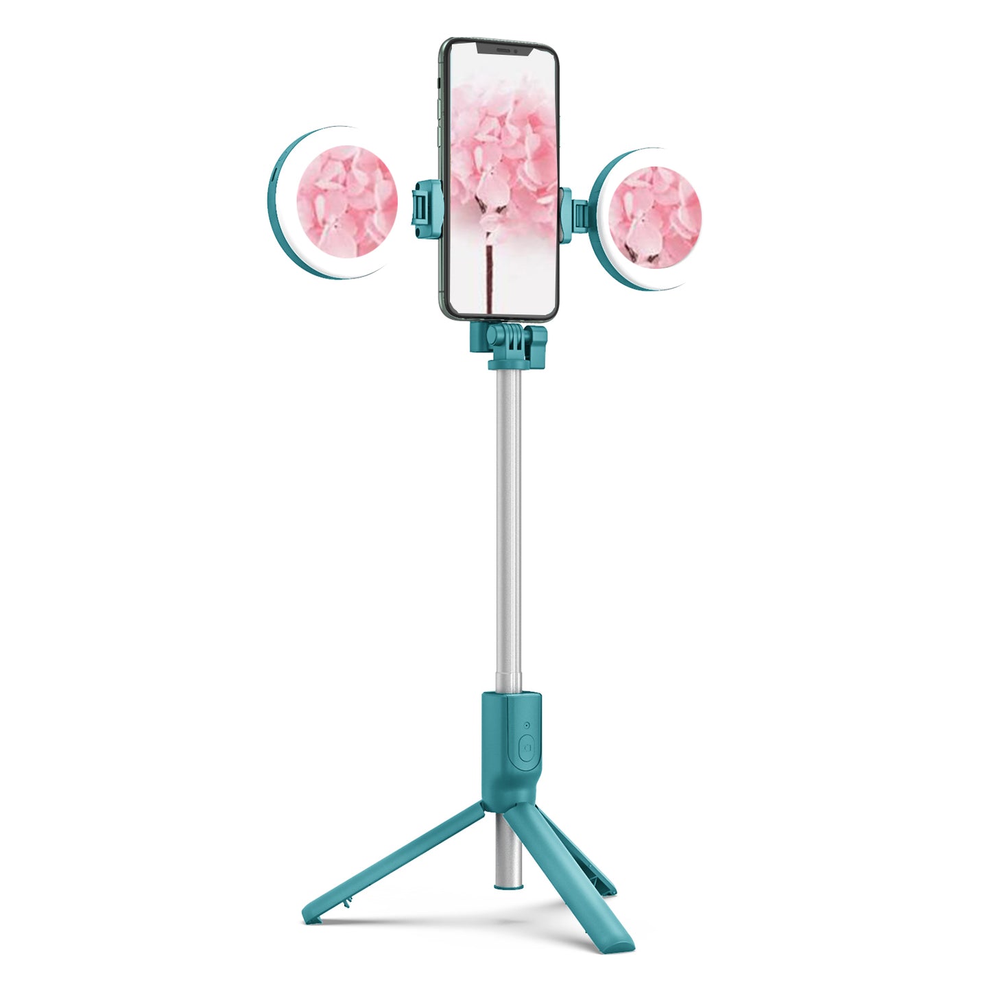 R12 Extendable Bluetooth Selfie Stick Tripod Stand with Double Ring Light Makeup Mirror - Green