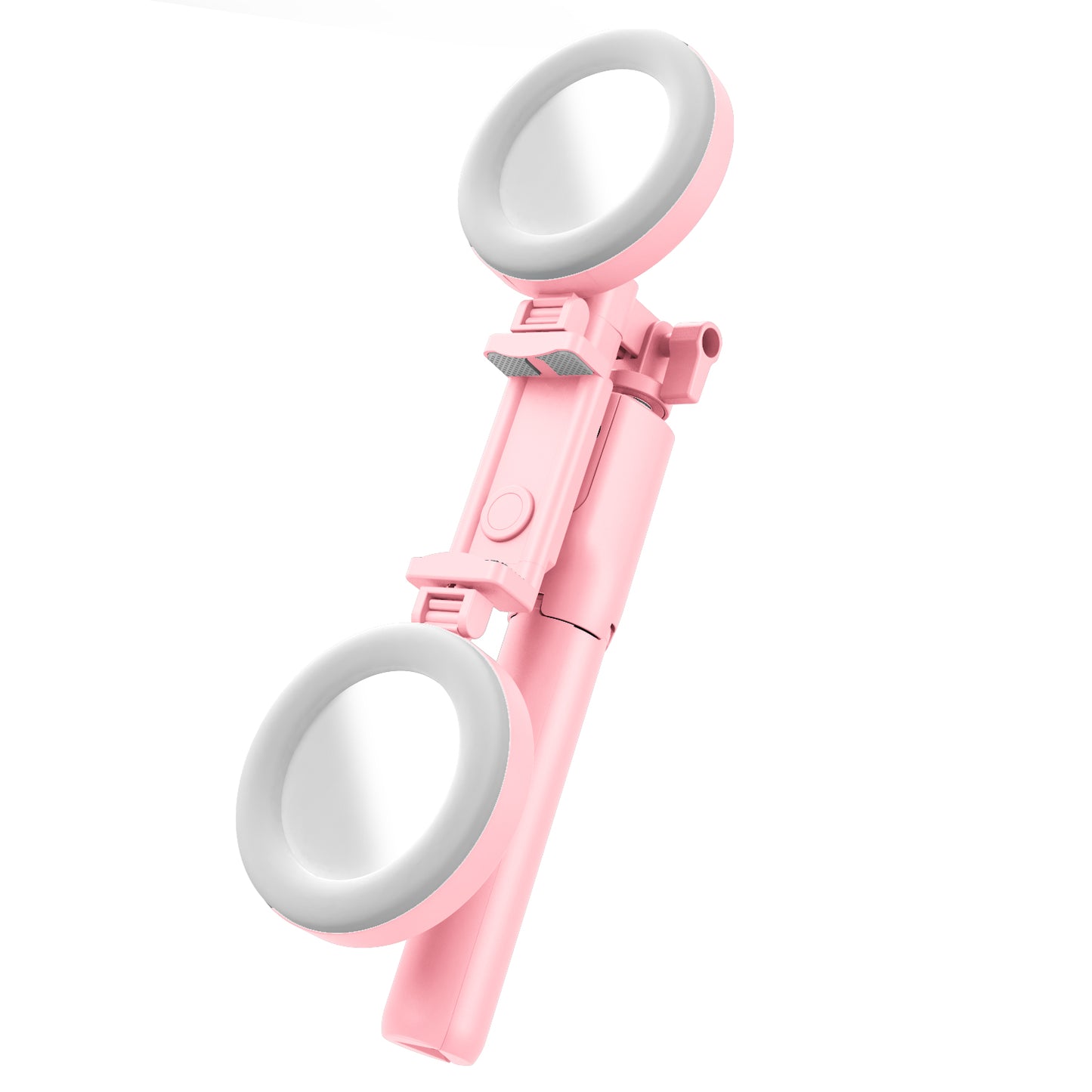 R12 Extendable Bluetooth Selfie Stick Tripod Stand with Double Ring Light Makeup Mirror - Pink