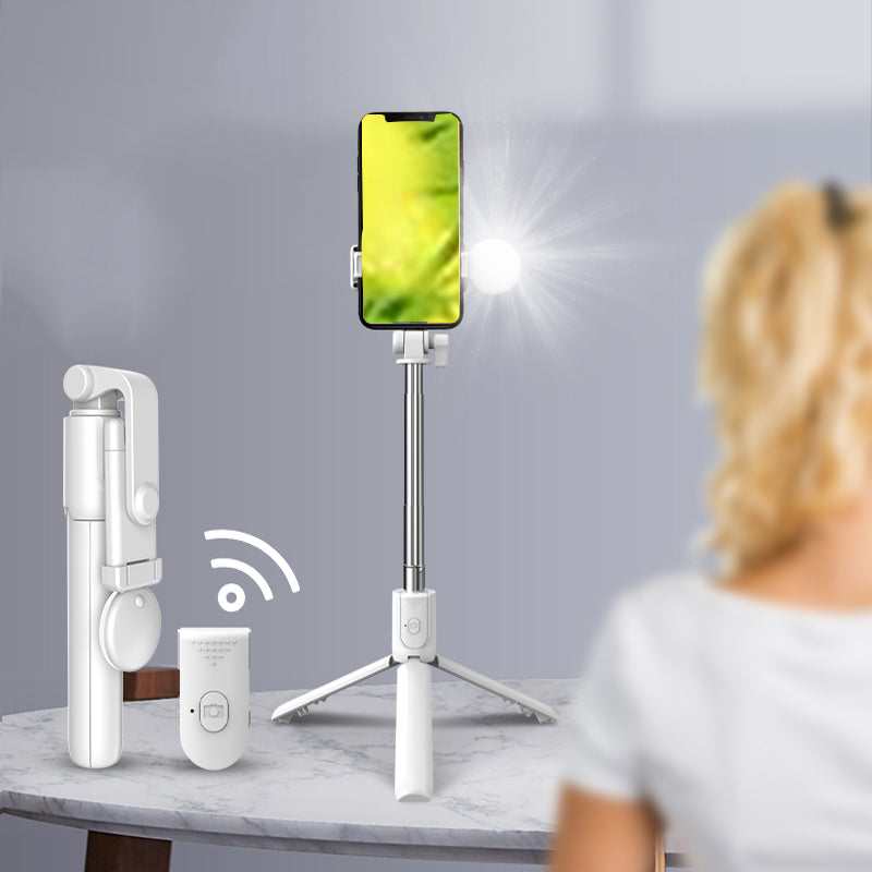 R1X Lightweight Selfie Stick with 20 LED Beads Round Fill Light - White