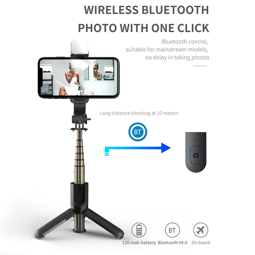 L10S 2 in 1 Wireless Bluetooth Selfie Stick Telescopic Monopod Foldable Tripod with Fill Light for Smart Phone