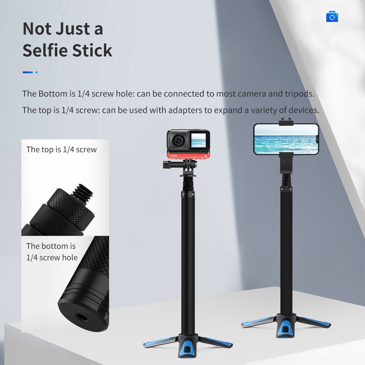 Uniqkart TE-MNP-117 1.16m Carbon Fiber Selfie Stick Adjustable Length Monopod with 1/4 Screw Hole for Phone Action Camera