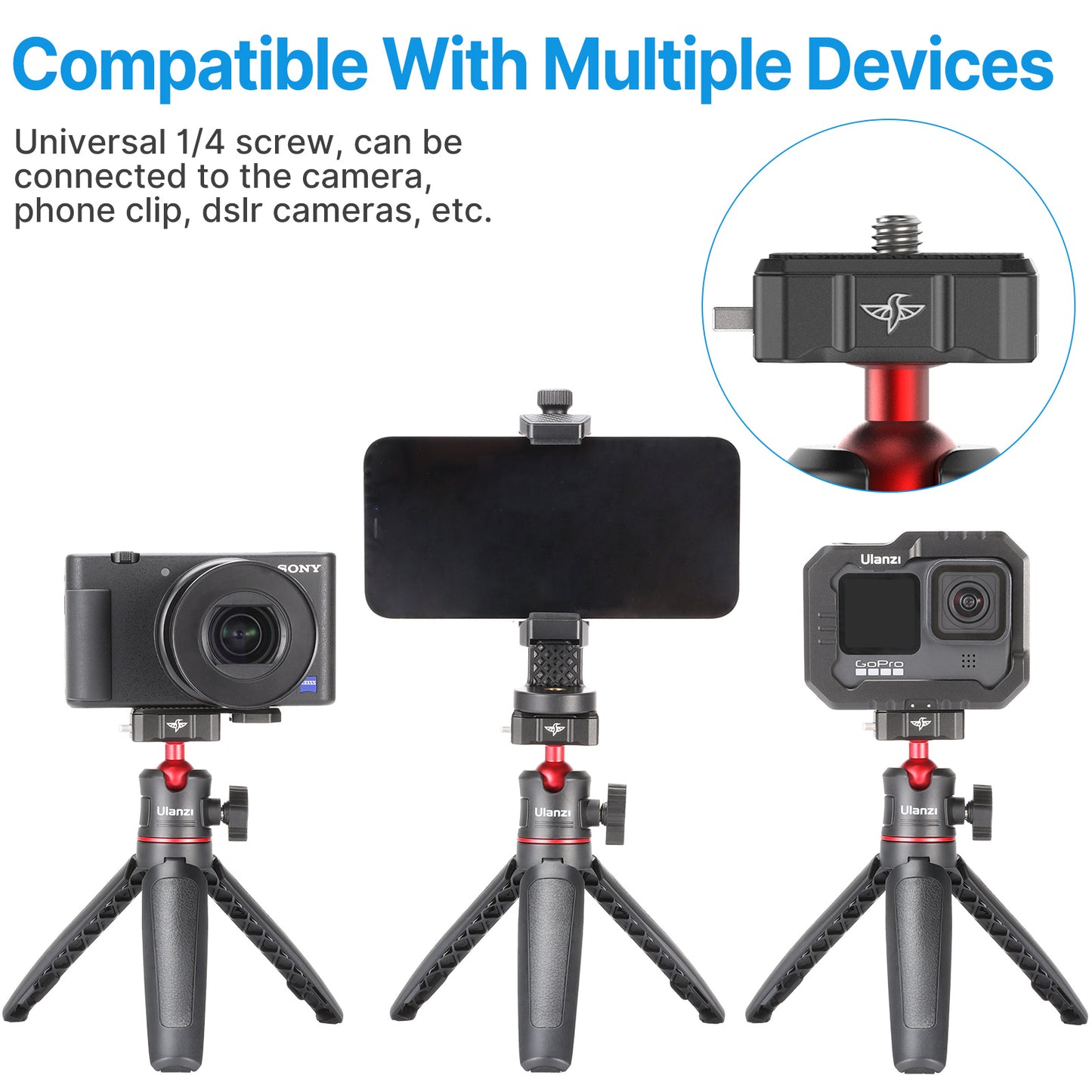 UURig R078 Mini 3-section Telescopic Hummingbird Quick Release Tripod with Universal 1/4 Screw for Camera Smart Phone