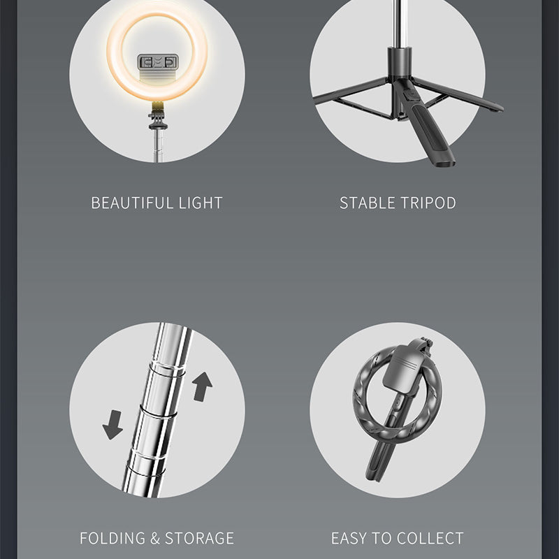 Q05s Integrated 8-inch Ring Light 1680mm Bluetooth Selfie Stick with Folding Tripod for Live Streaming Video Recording