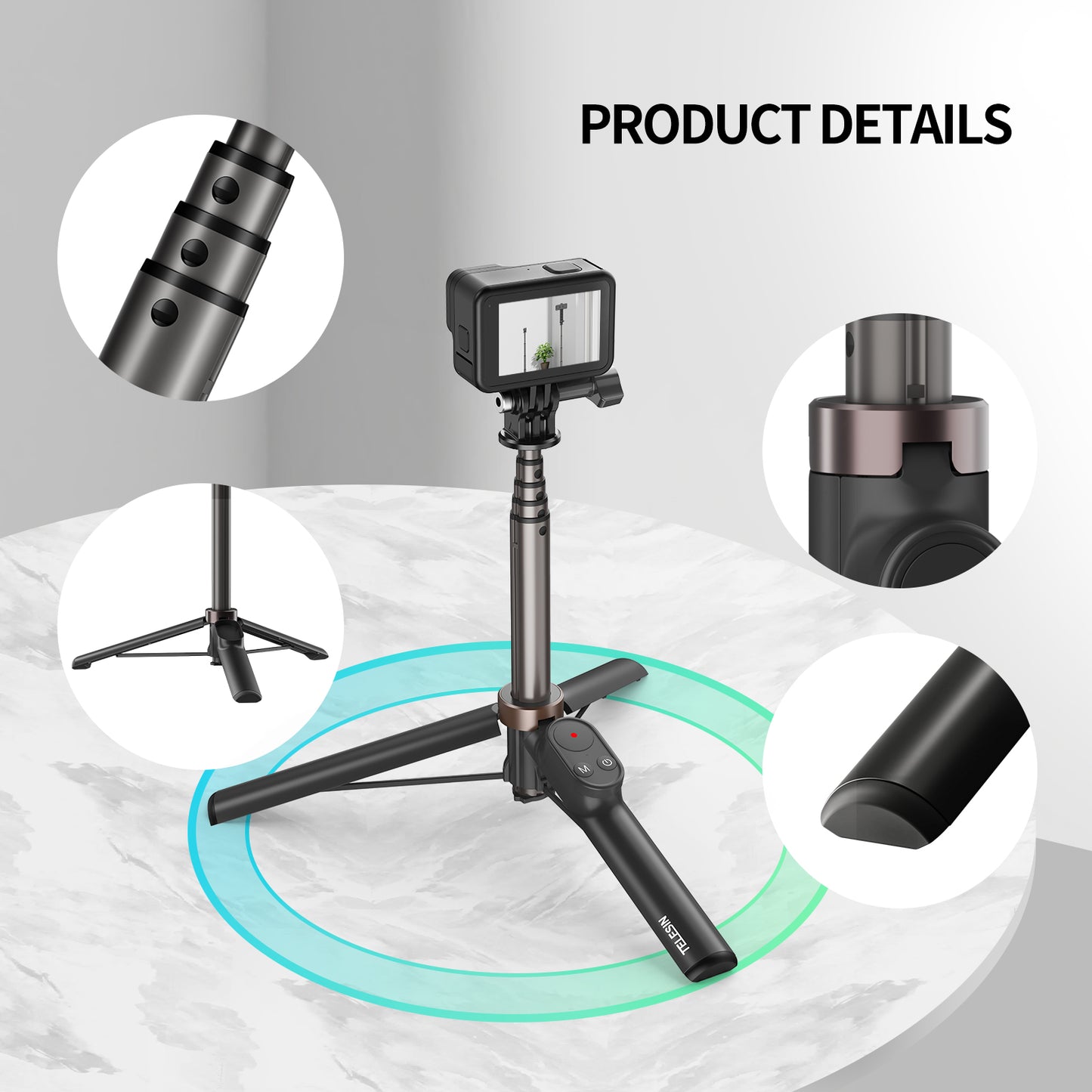 TELESIN TE-RCSS-001 Bluetooth Remote Control Tripod Folding Selfie Stick for GoPro10/9/8/MAX/IOS/Android Phones