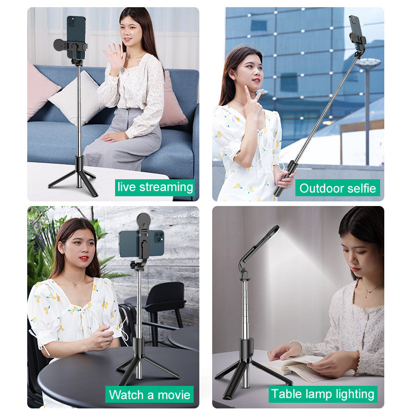KP12 Retractable Live-stream Cell Phone Stand Portable Wireless Remote Bluetooth Selfie Stick Tripod without Light