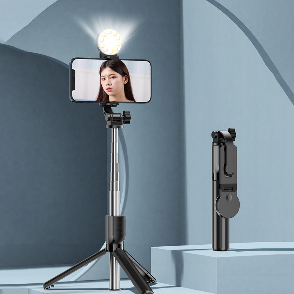 KP12S Portable Live-stream Cell Phone Stand Retractable Wireless Remote Bluetooth Selfie Stick Tripod with Fill Light