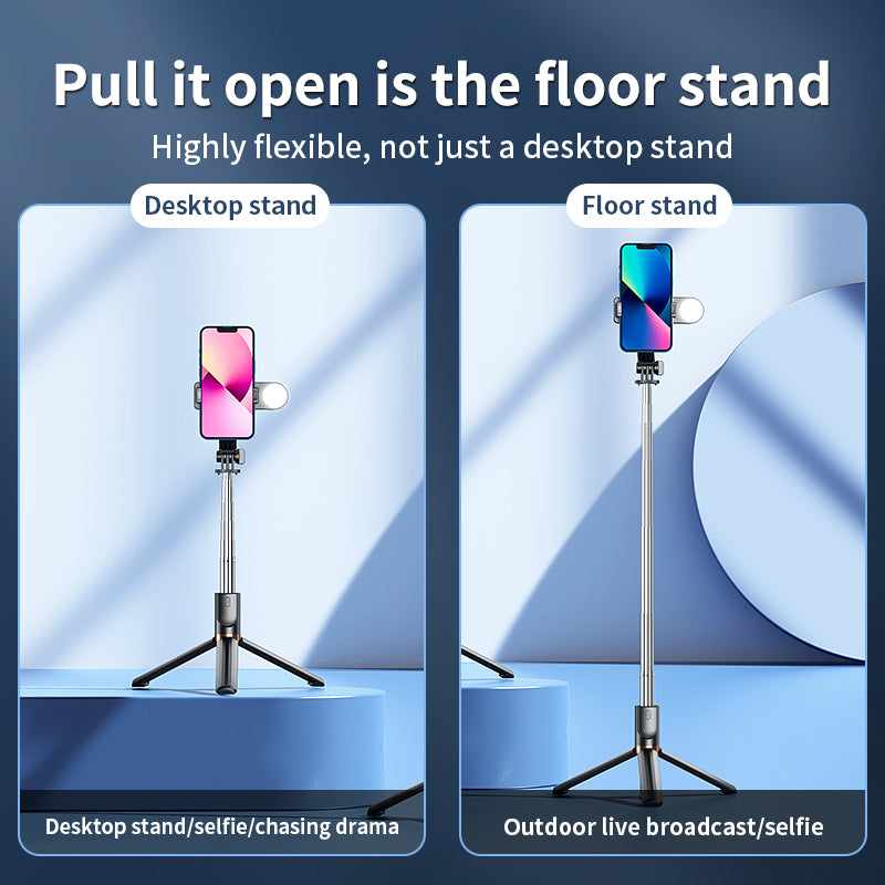 KH5S Retractable Portable Cell Phone Stand Live-stream Bluetooth Selfie Stick Tripod with Fill Light (1.3m) - Black