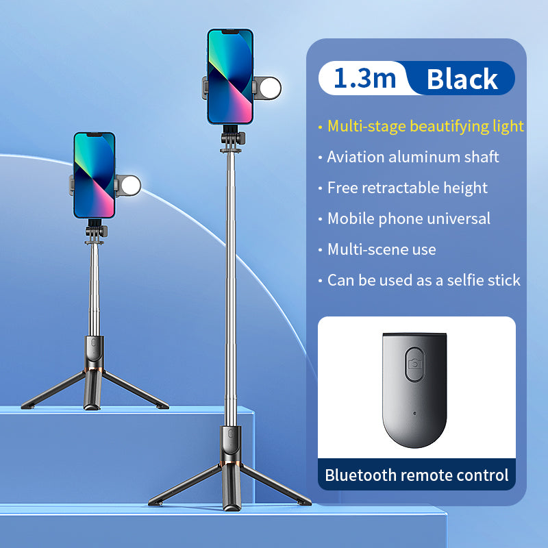 KH5S Retractable Portable Cell Phone Stand Live-stream Bluetooth Selfie Stick Tripod with Fill Light (1.3m) - Black