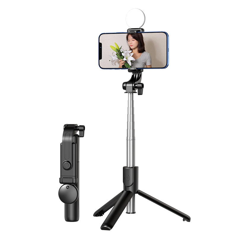 KH1S Folding Live-stream Cell Phone Tripod Retractable Bluetooth Selfie Stick with Ring Light (1m)