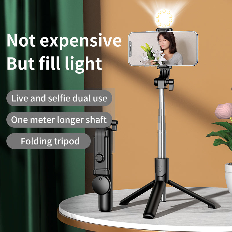 KH1S Folding Live-stream Cell Phone Tripod Retractable Bluetooth Selfie Stick with Ring Light (1m)